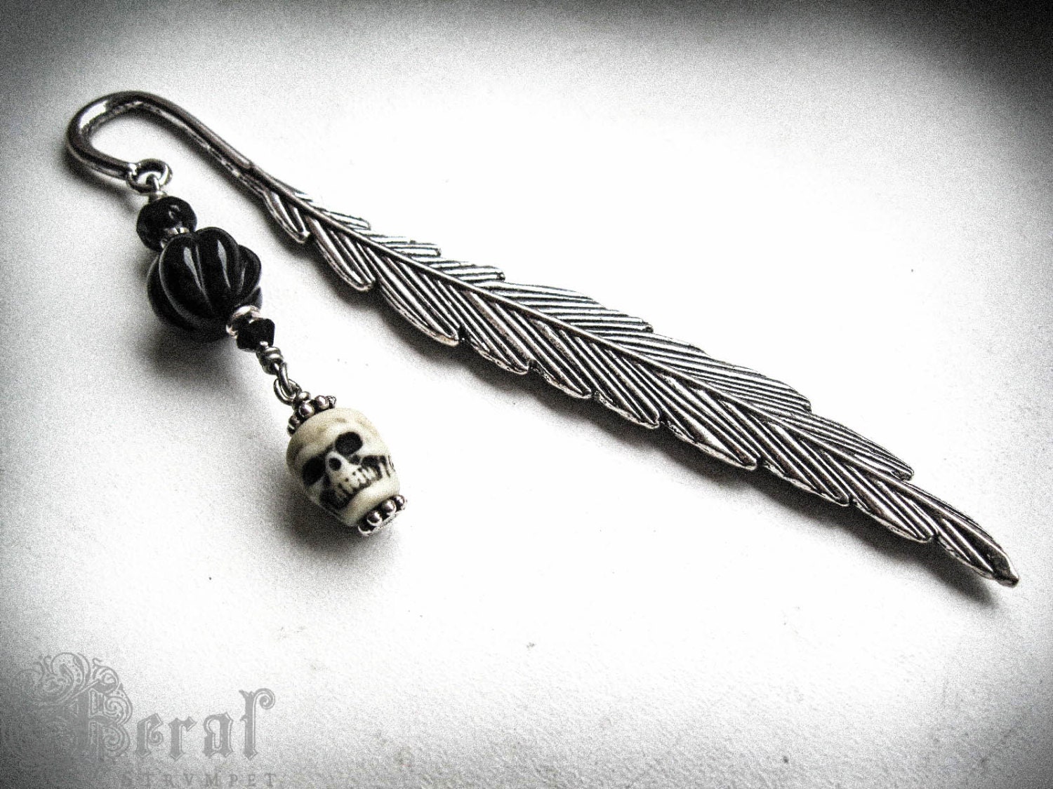 Poe Nevermore Grimoire Bookmark Onyx and Silver Skull with Raven Feather, Labradorite and Swarovski Crystals