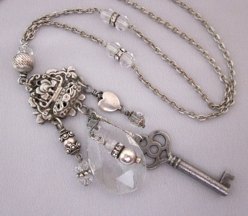 Found Object Assemblage Necklace, Antique Key Charm Necklace, Sterling Silver, Vintage Crystals Long Chain Necklace, Repurposed Jewelry OOAK