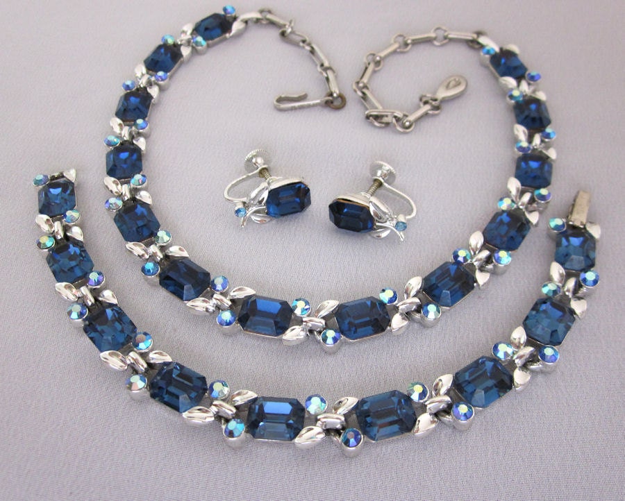 LISNER Sapphire Blue Rhinestone Necklace Set, Lisner Bracelet Earrings Set Parure, Collar Necklace, Statement Vintage Jewelry JryenDesigns