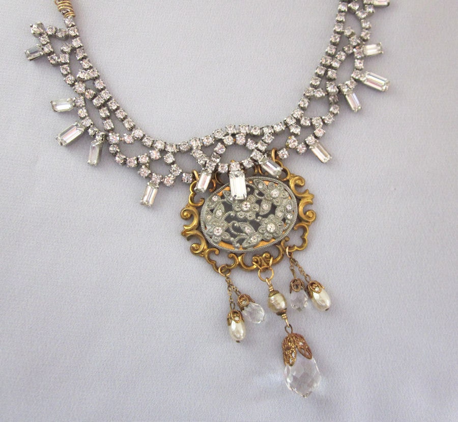 Repurposed Rhinestone Statement Necklace, Bridal Necklace, Mixed Metal, Vintage Wedding Jewelry, Crystals, Pearls, OOAK Assemblage