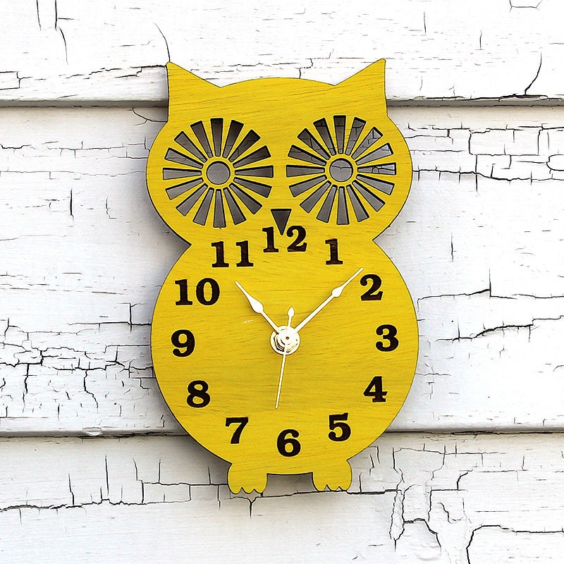 Wall Clock  Modern Wooden Owl Silhouette Home Decor  with Canary Yellow Finish - Klokx