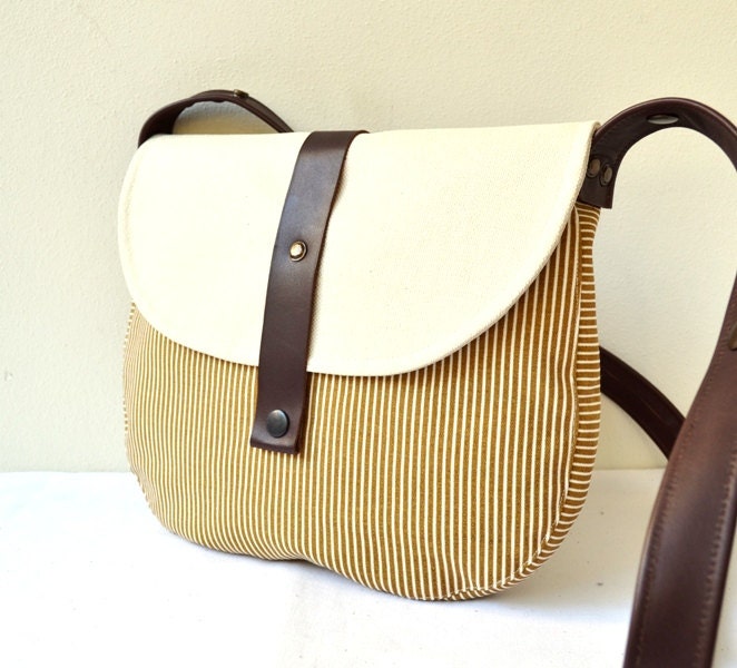 Leather Cotton Messenger Bag Nautical Dark Beige White Brown, Cross Body,  Shoulder Bag, Handbag