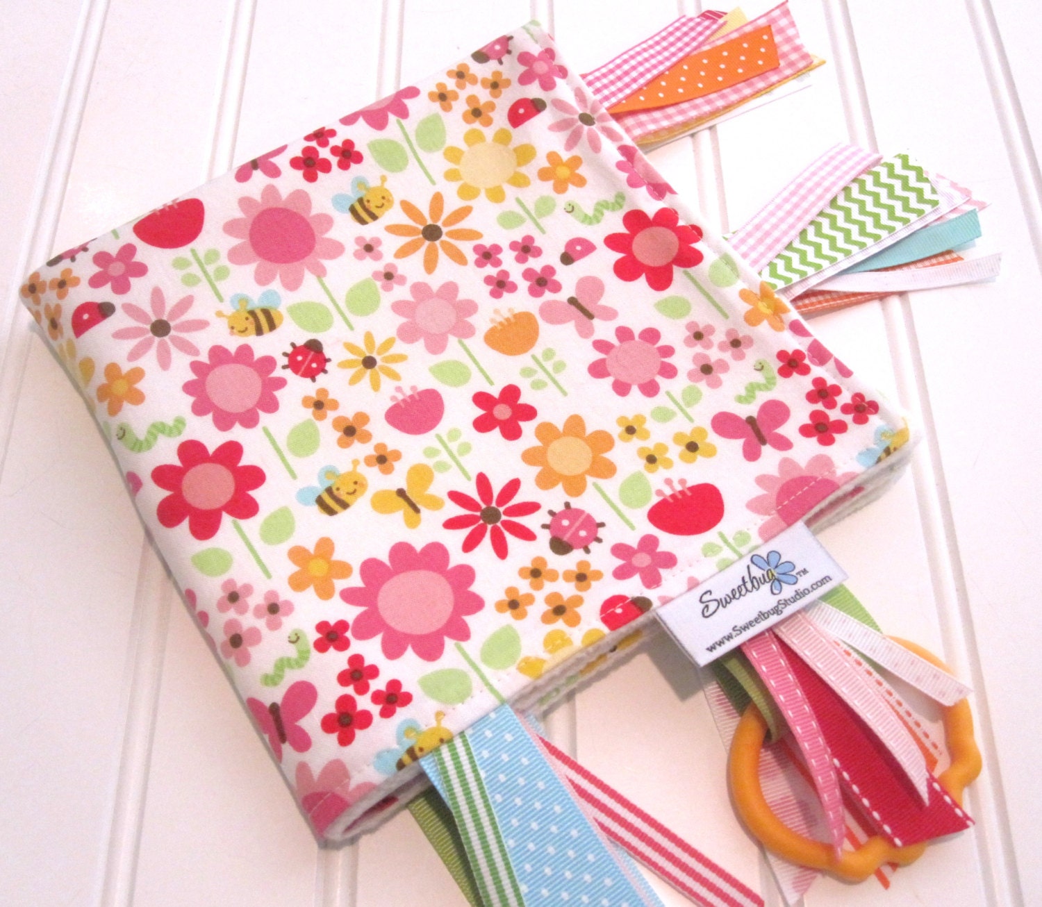 Sensory Ribbon Blanket,Lovey,Tag Blanket/Ladybug Garden/Organic Cotton Fleece