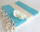 Organic Bamboo Turkish Towel, Bath, Natural Peshtemal, Hammam, spa, yoga, beach, Bath and Beauty, Mother's Day  Gift, White and Blue