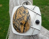 Yellow Feather Jasper Black Onyx Abstract Sterling Silver Necklace