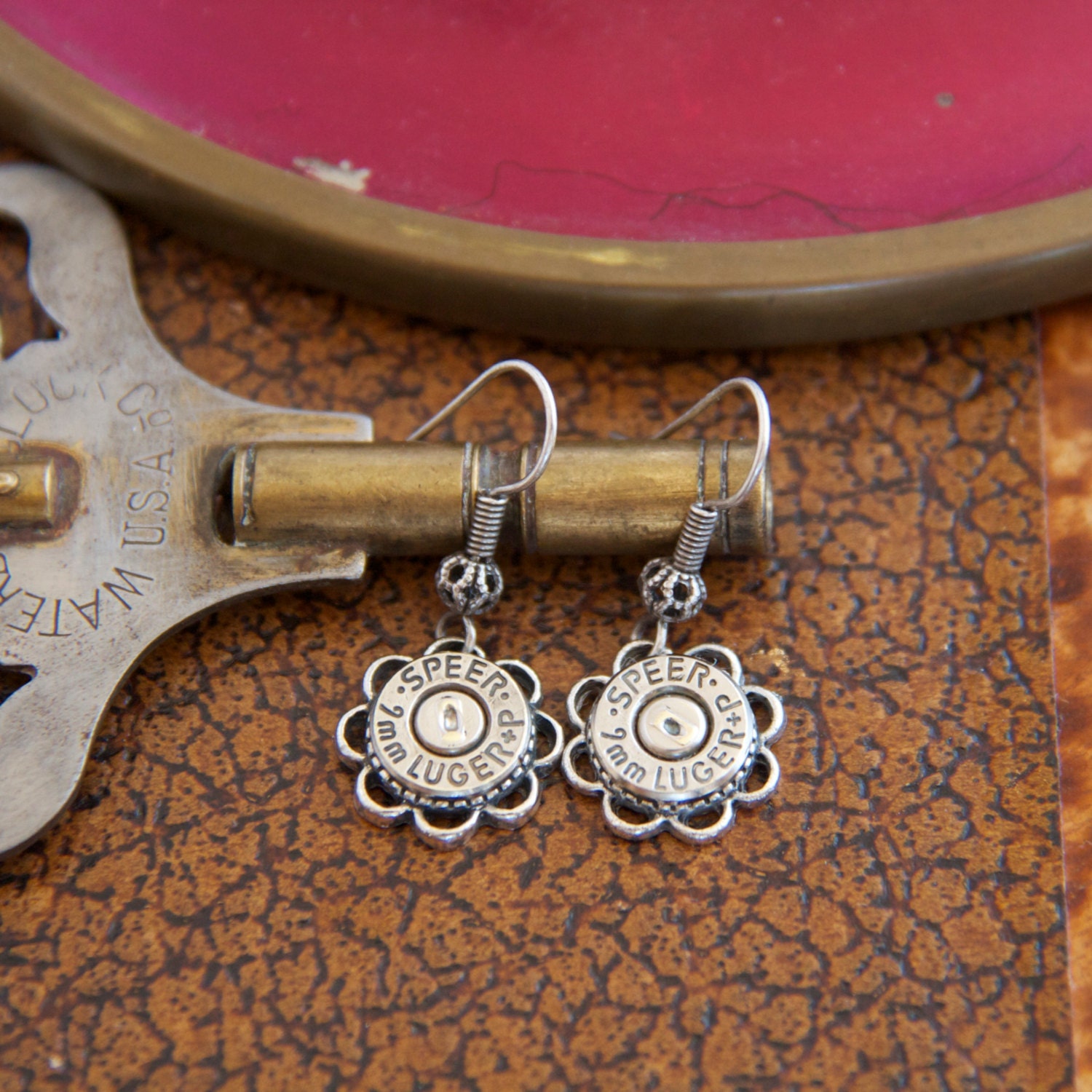 Bullet Casing Jewelry- Earrings-Nickel Silver- Speer 9mm Luger P -Dangle Earrings-Spent Casings-Caliber Jewelry