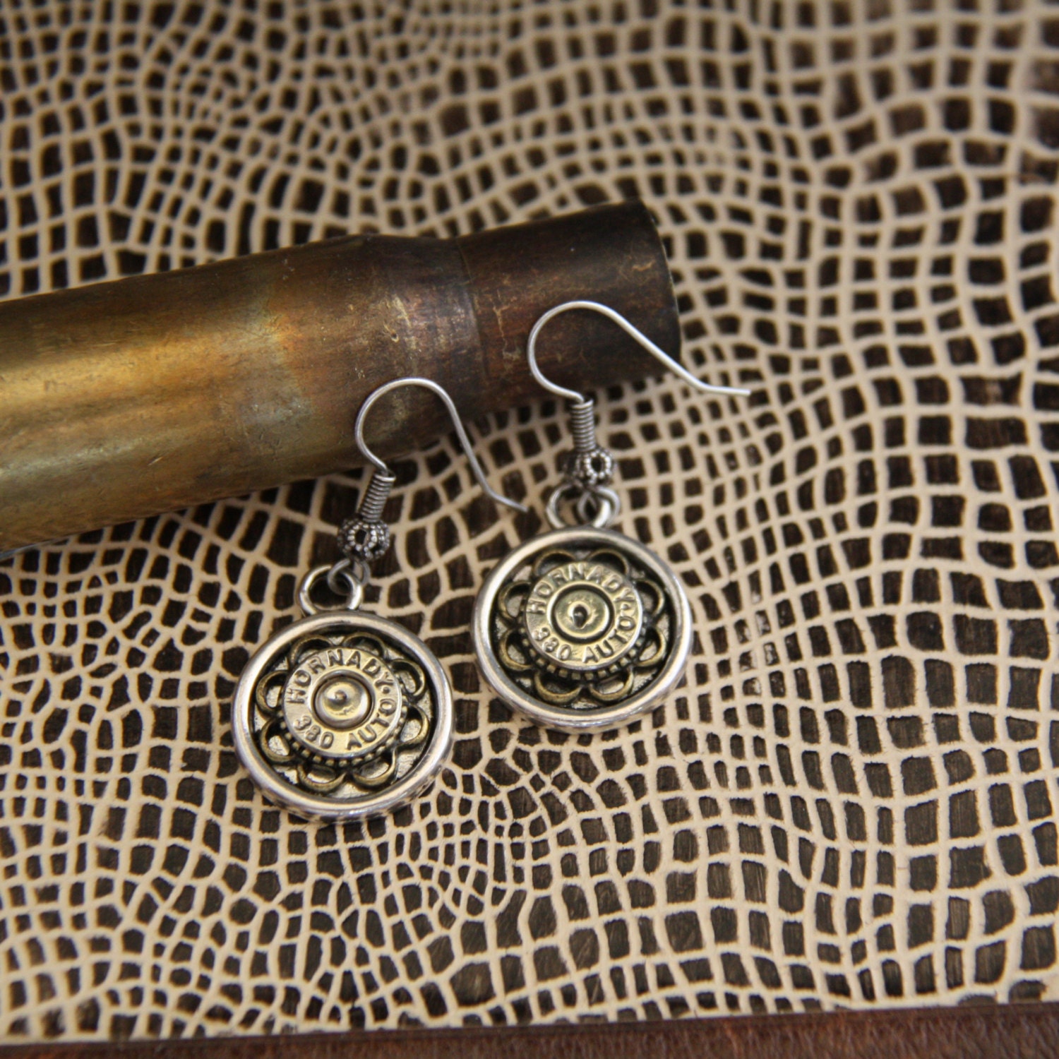 Bullet Casing Jewelry-Hornady 380 Auto-Mixed Metals -Dangle Earrings-Brass Spent Casings-Caliber Jewelry