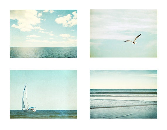 Ocean Print Set 4 - Four 5x7 Photographs - sea beach photography light blue wall art pale white shore photo set - coastal wall art pictures