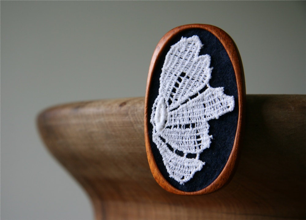 White Vintage Lace on Navy Midnight Blue Felt Wooden Brooch Large, Mahogany and Lace Series