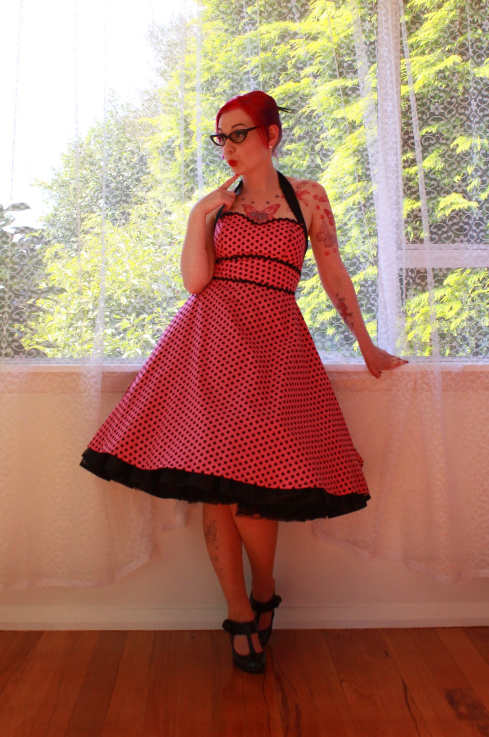 Rockabilly 'Dylan' Pink Polka Dot Halterneck Dress with Black CottonTrim and Black Ric Rac Trim - Custom made to fit