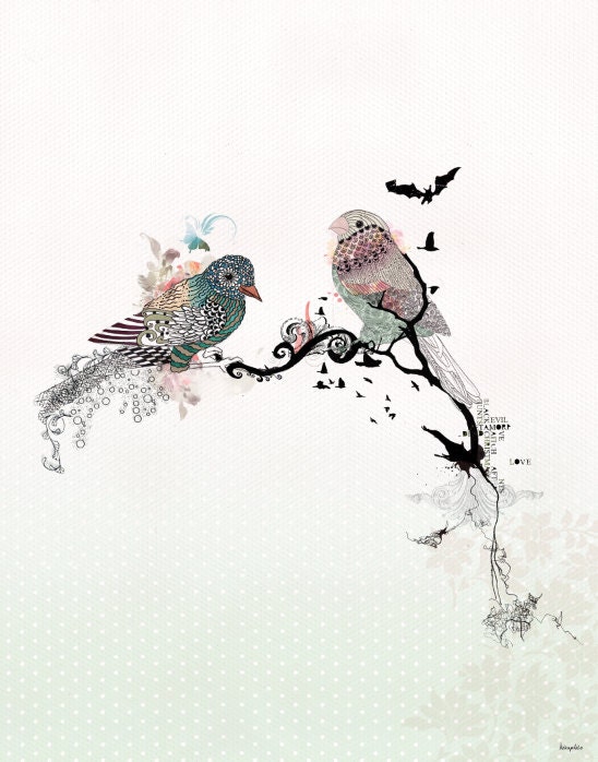 Love birds art, watercolor art, Bird illustration, Love birds painting, 11x14 print