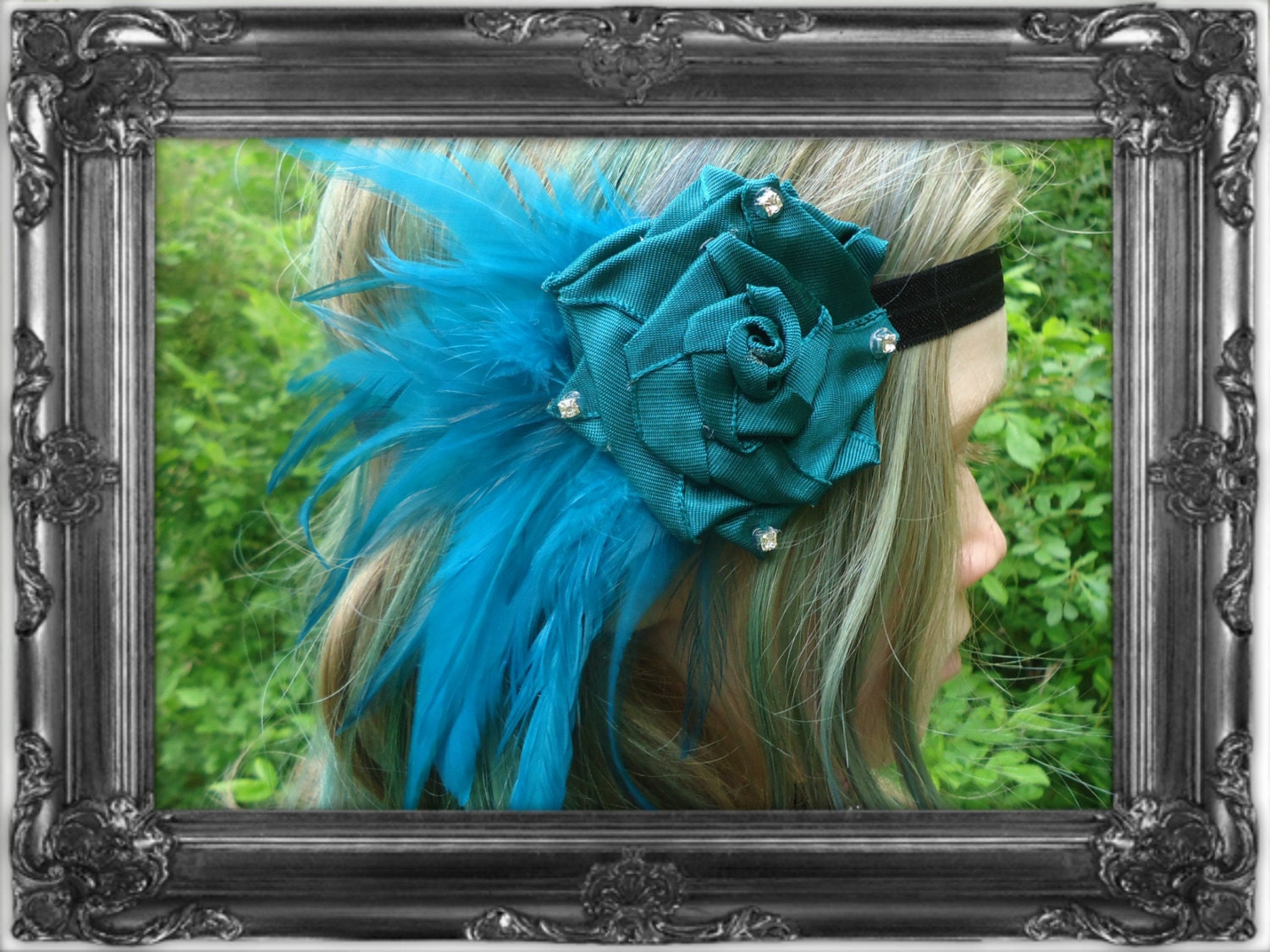 WHOLESALE teal feather shimmer ribbon rose headband hair clip hairband baby / big girl wedding flower girl Mystic Elegance