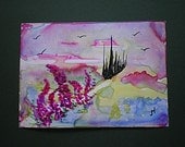 ACEO Original Water Colour  Miniature Fantasy Painting 'Purple Dreams' on Recycled Yupo paper