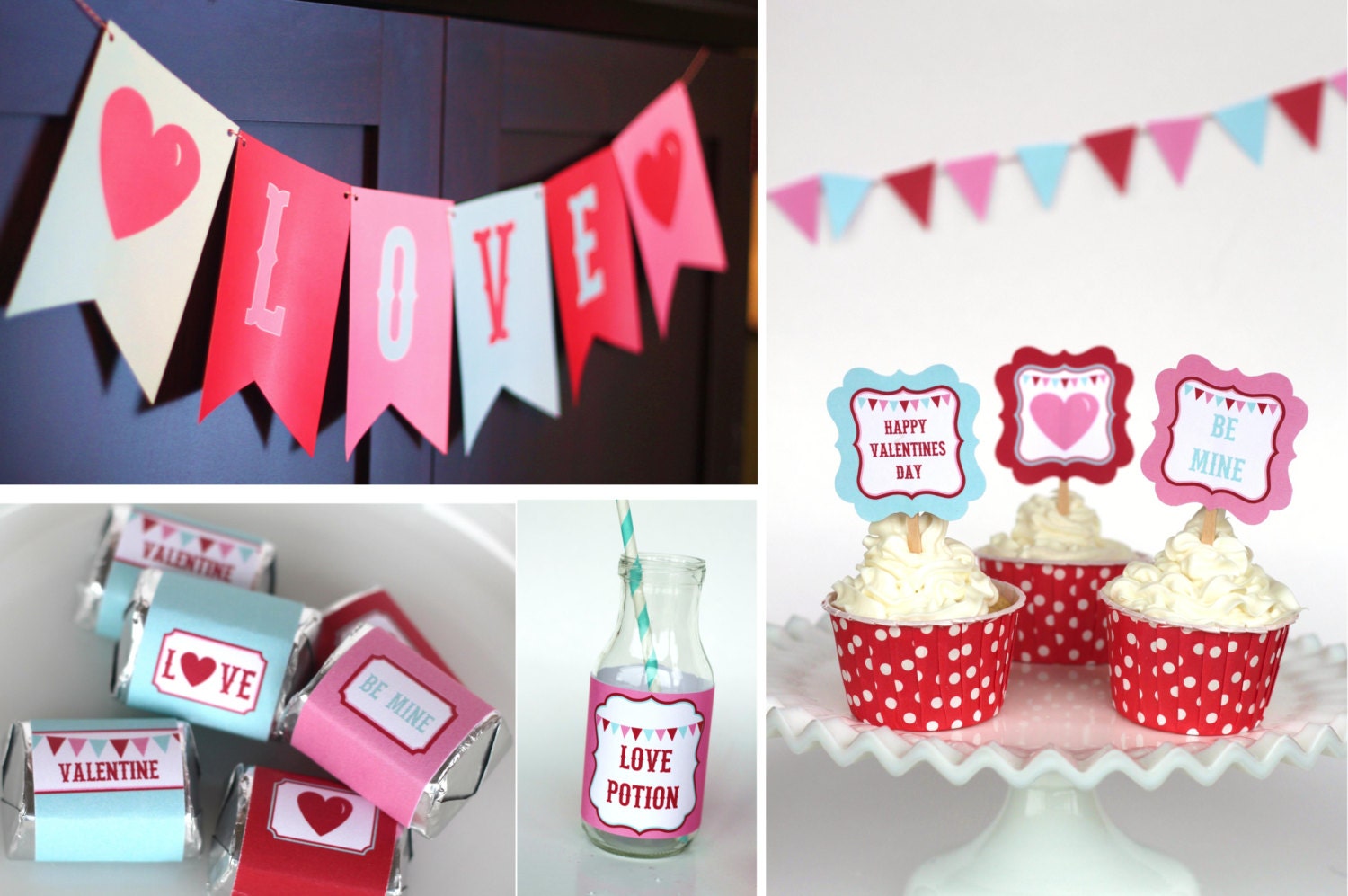 Printable Valentine's Day Whole Set - great for school Class Party - banner, bottle wraps, candy wrappers, cupcake toppers, bingo, sign, Il_170x135