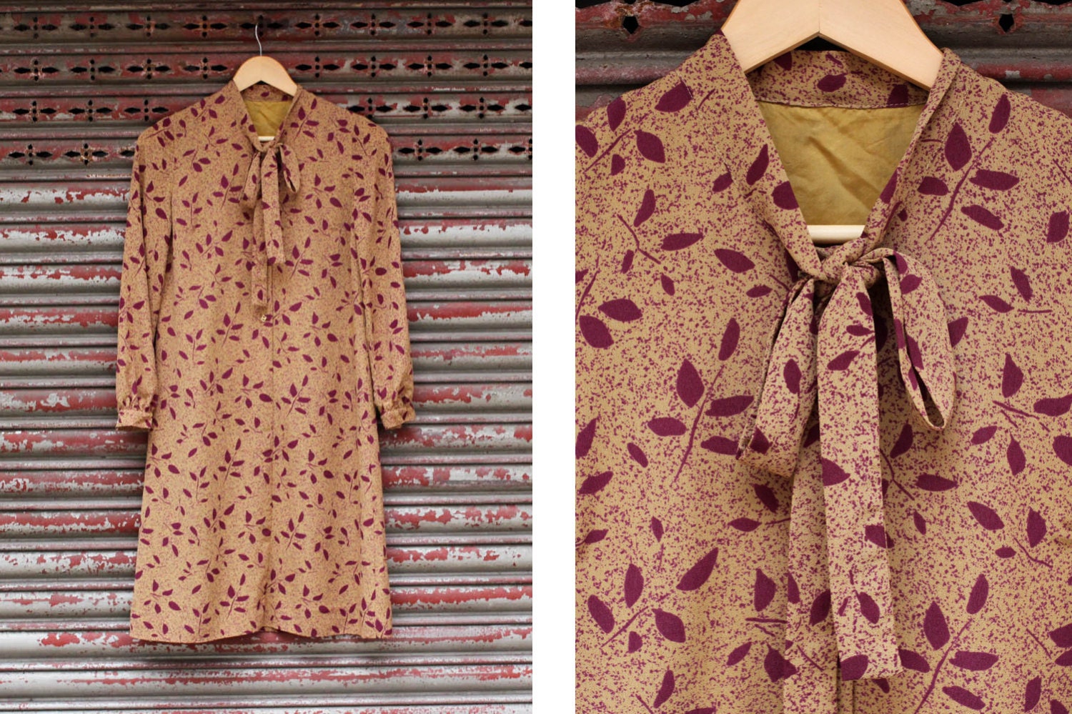 Vintage Olive and Plum Printed Dress with Ascot
