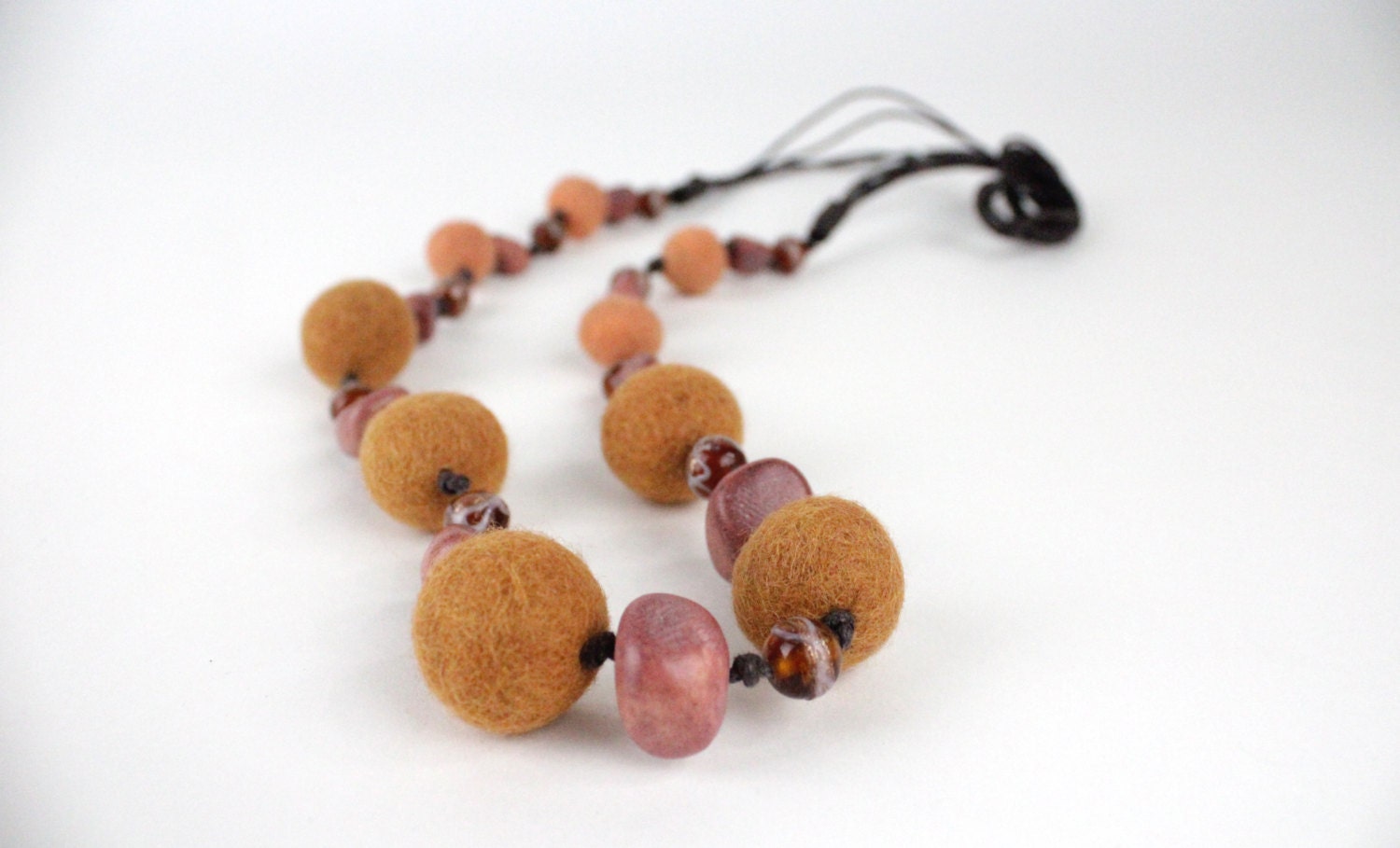 Rustic Orange Felted Necklace With Wood & Painted Acrylic Beads
