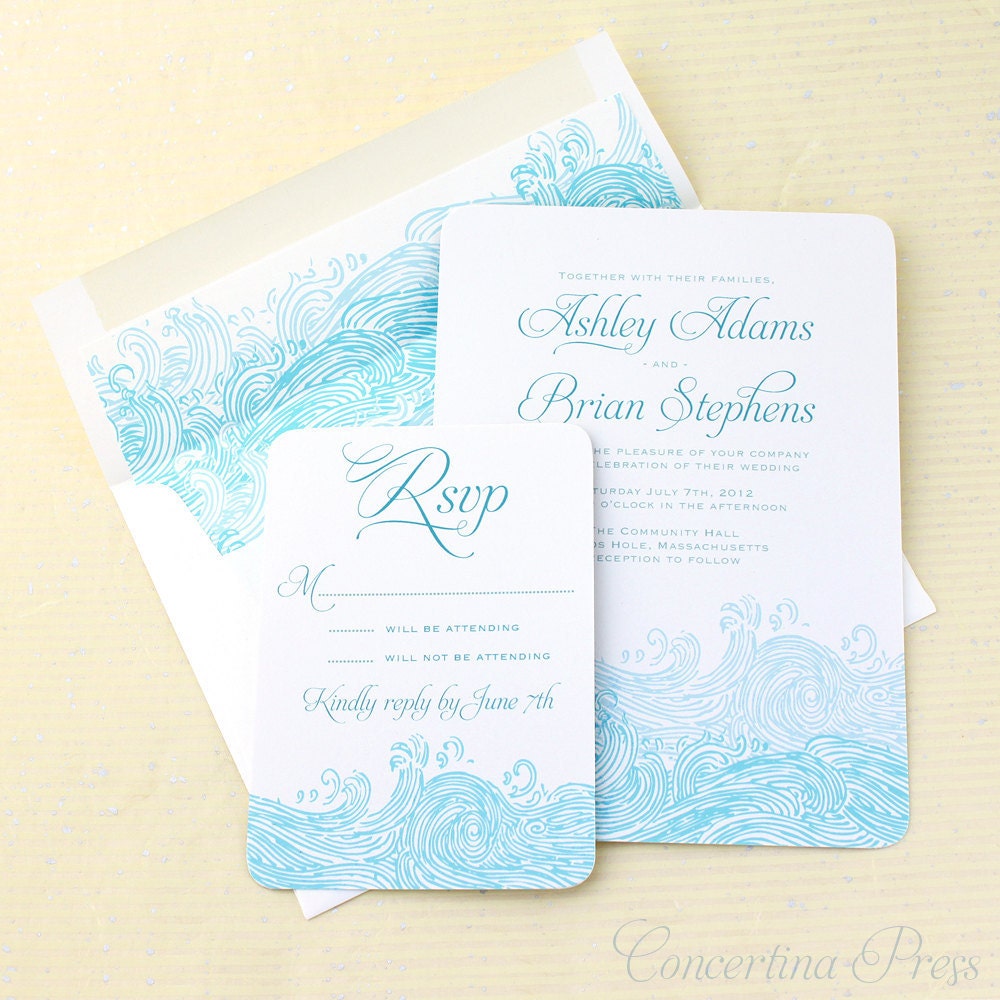Waves Beach Wedding Invitations - Sample - in Blue and White
