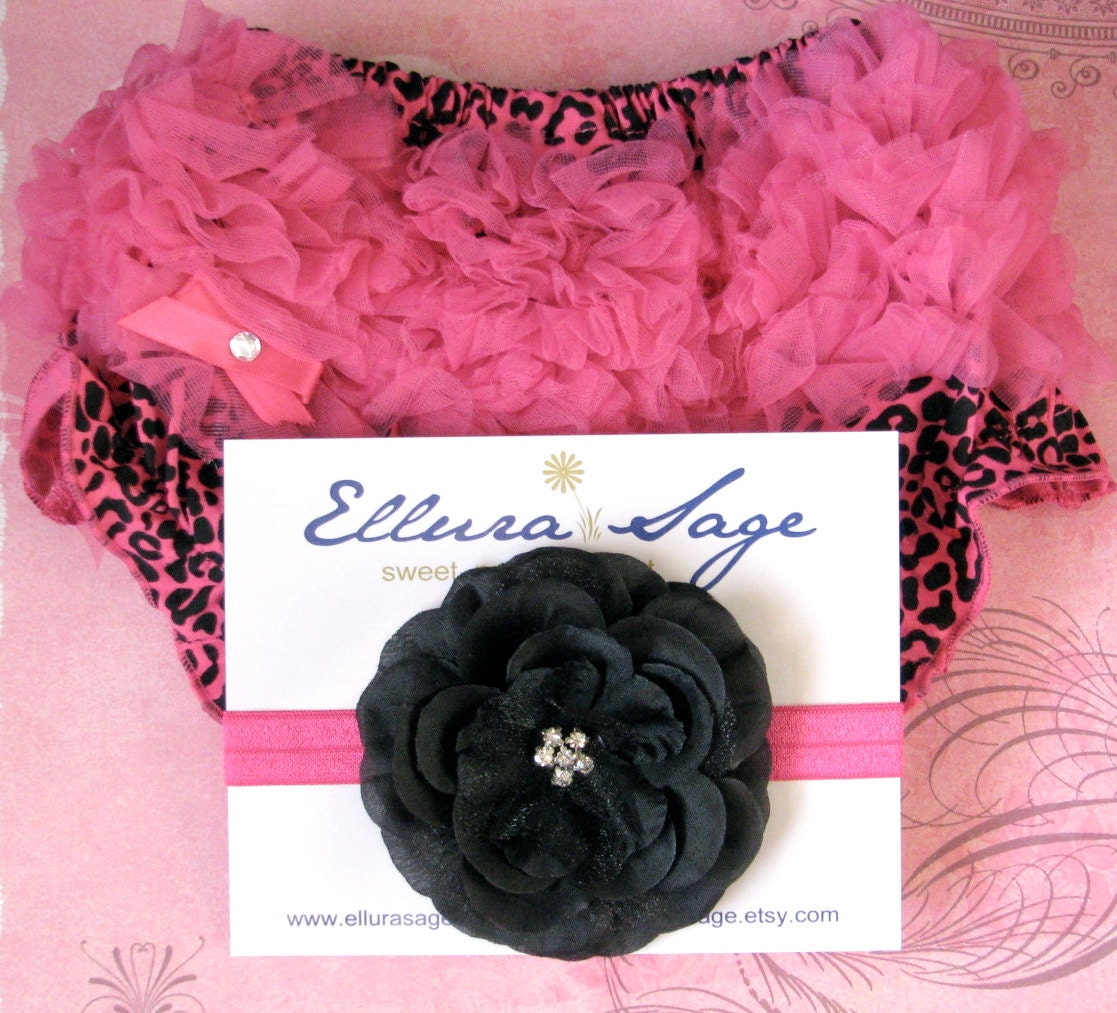 Ruffled Baby Bloomers and Headband Hot Pink and Black Leopard, Infant Bloomers, Toddler Bloomers, Baby Girl Diaper Covers,  Photo Prop