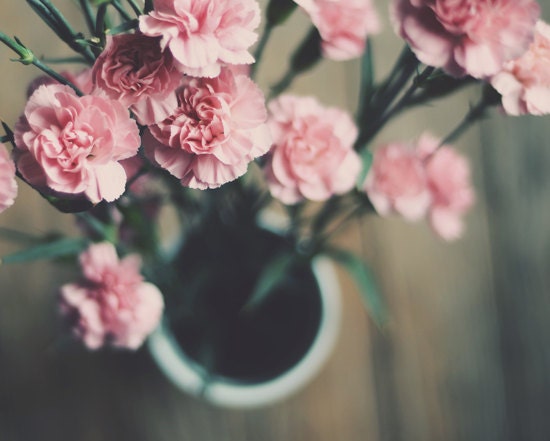 Carnations photograph- pink, flowers, floral, vase, spring, nursery decor, girly, romantic,still life,  fine art photograph, 8x10 print