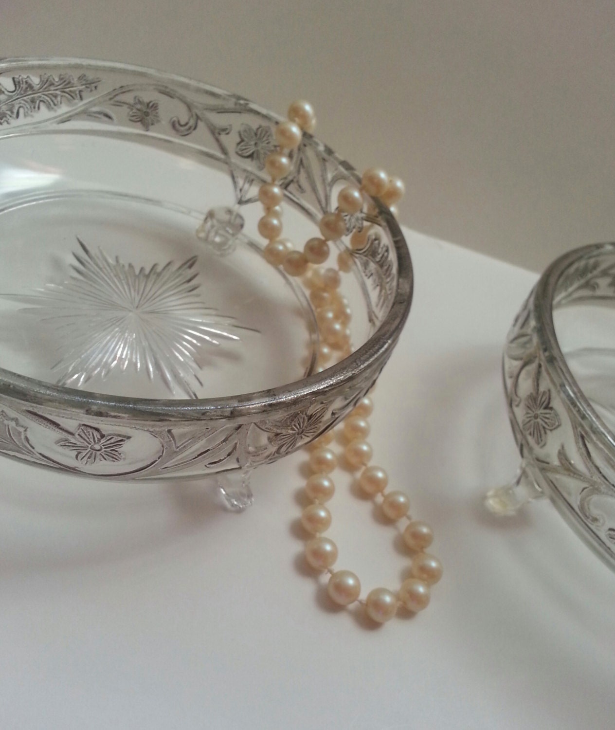 Vintage Pair of footed Etched Glass bowls