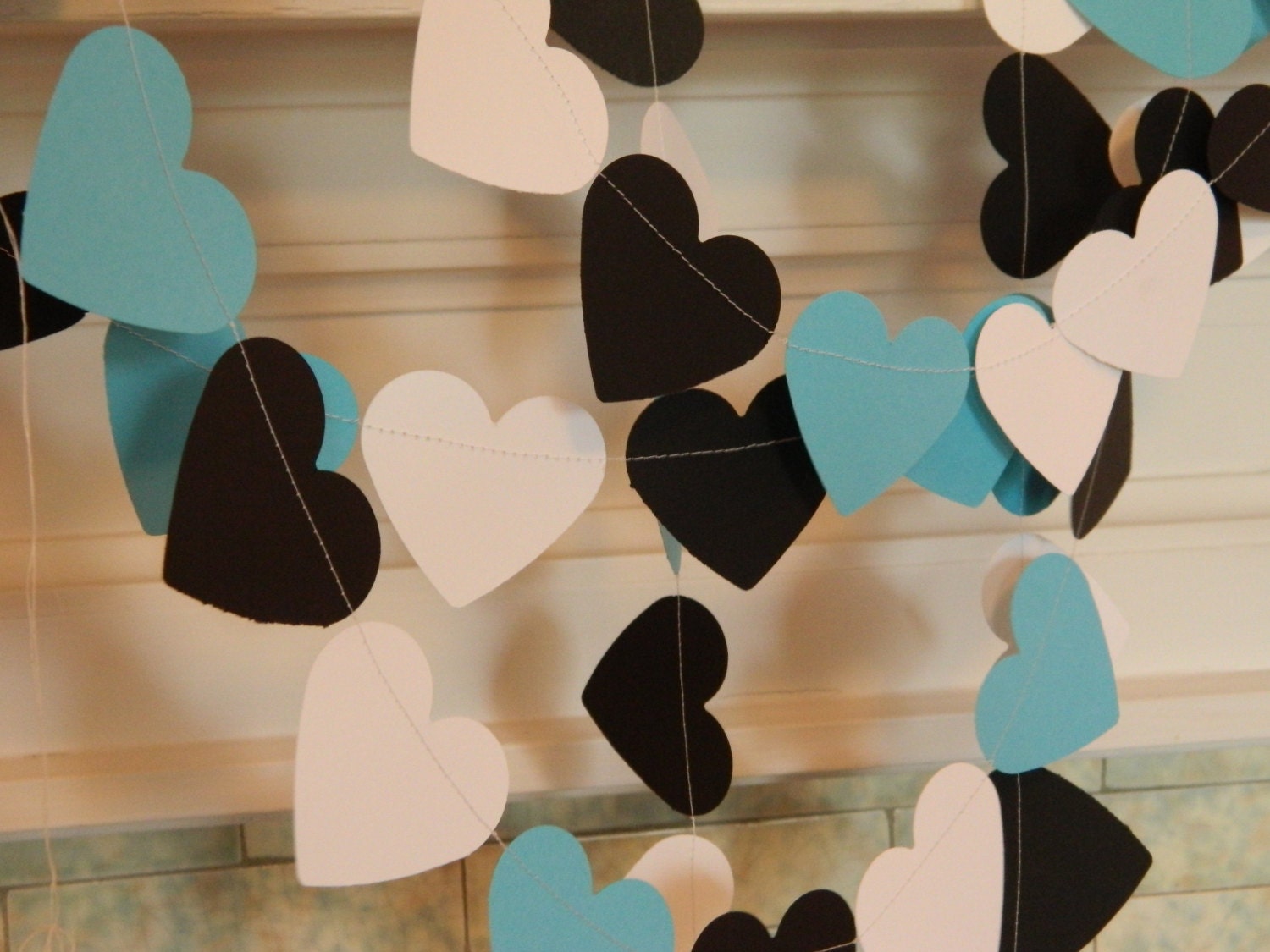 Paper Garland 10ft Tiffany Blue Black and White Paper Hearts Wedding Decor Bridal Shower Decor Photo Prop You Pick the Color