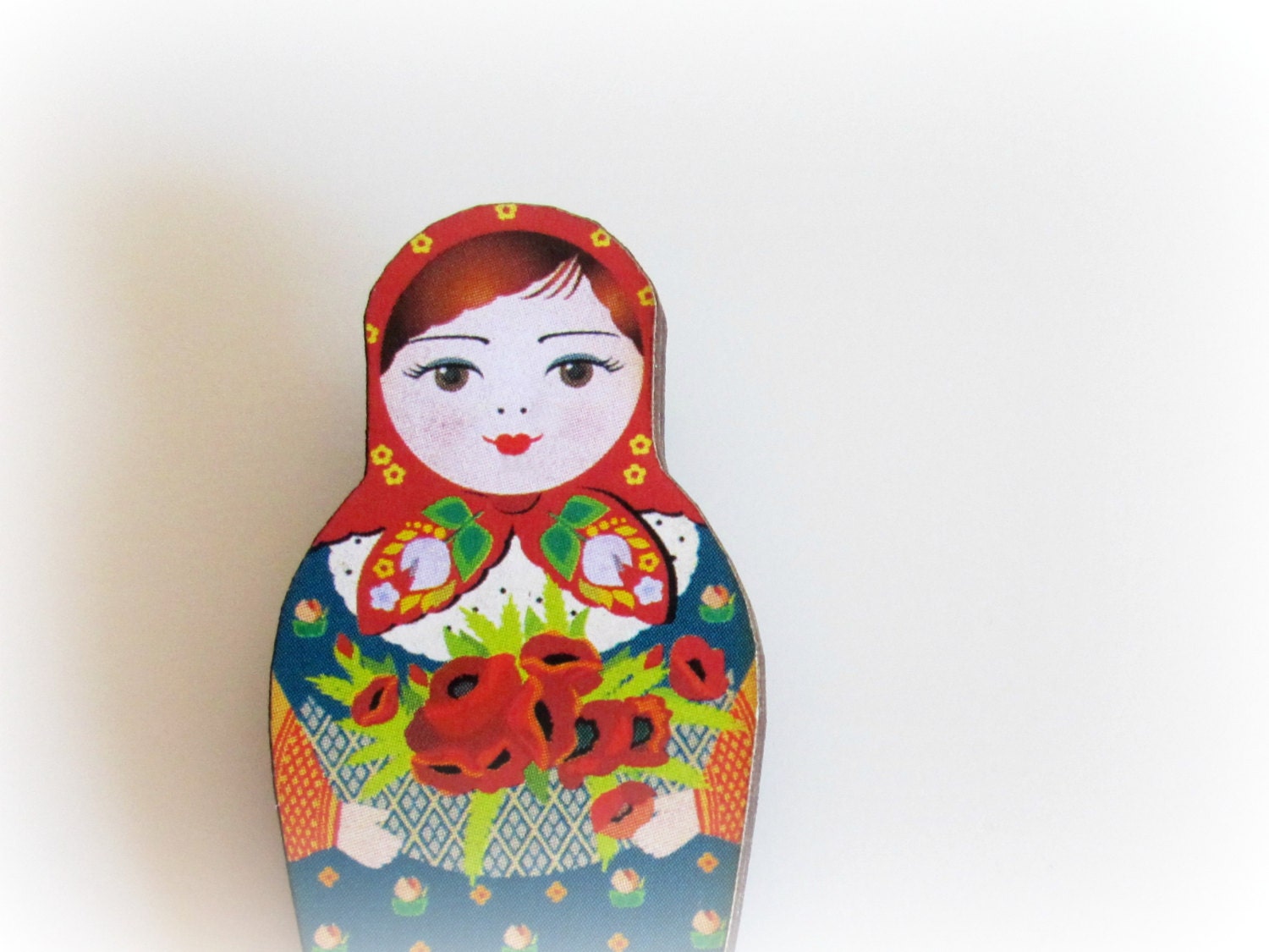 Matrioshka Wood Brooch red blue green matryoshka nesting doll old illustration preppy eco friendly jewelry