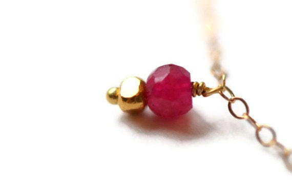 Long Ruby Necklace, Yellow Gold Vermeil Beads, Delicate 14k Gold Chain