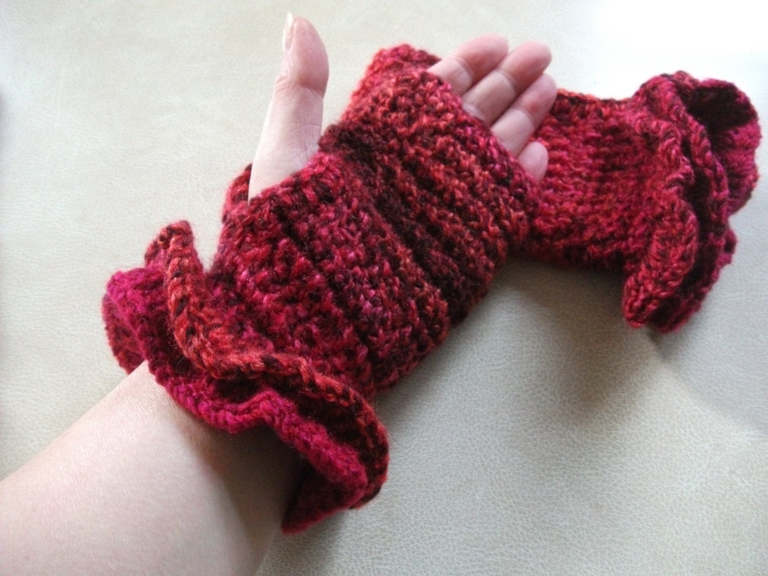 Ruffled Crochet Fingerless Mittens/Gloves in Reds. Accessories. Wristies, Wristwarmers, Handwarmers.