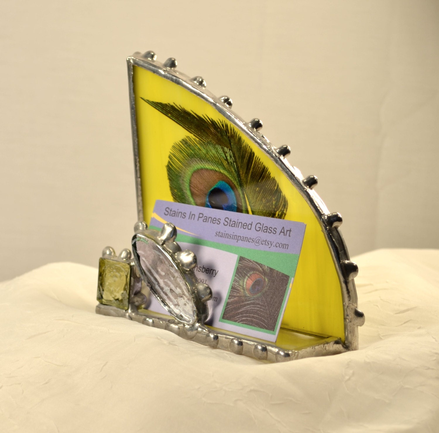 Business Card Holder Yellow Silver Contempary Peacock Feather