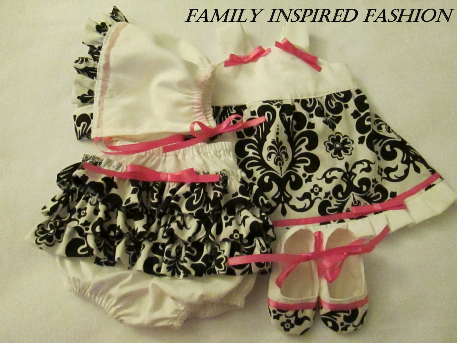 Baby girl black and white damask outfit