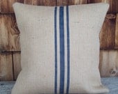 Natural Burlap Grain Sack Pillow Cover with Hand Painted Stripes 18 x 18 by North Country Comforts - Rustic Pillow Cover