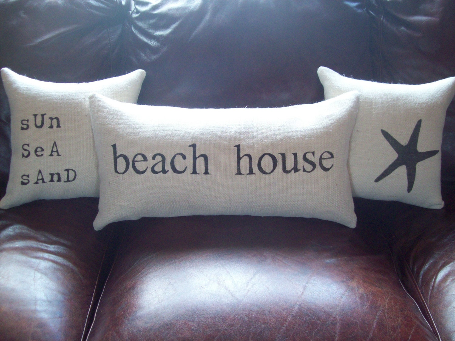 Burlap Decorative Pillow - Sun, Sea, Sand - Beach Pillow - More Colors Available - Beach Cottage Decor - Coastal Pillow