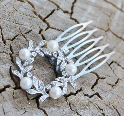 Vintage Silver Rhinestone and Pearl Wreath  Hair Comb - Bridal, Wedding, Prom
