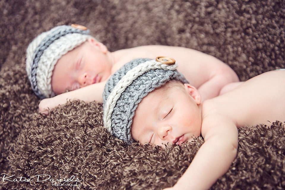 Newborn Twin Hats Photography Prop Two Pack Linen and Silver newsboys sizes nb, 1-3mos, 3-6mos, 6-12mos