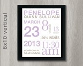 Baby Birth Announcement Print with Stats (You choose colors) 8 x 10 inches