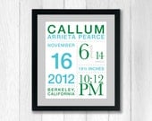 Birth Announcement Print with Baby's Stats: You choose colors - 11x14 inches