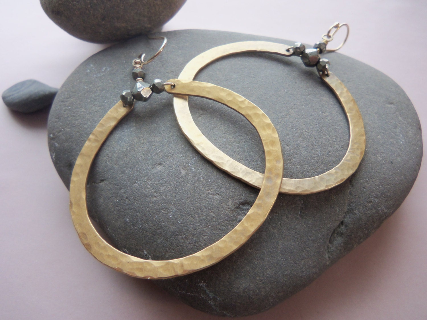 Hammered Brass Hoop Earrings. Pyrite & Gold