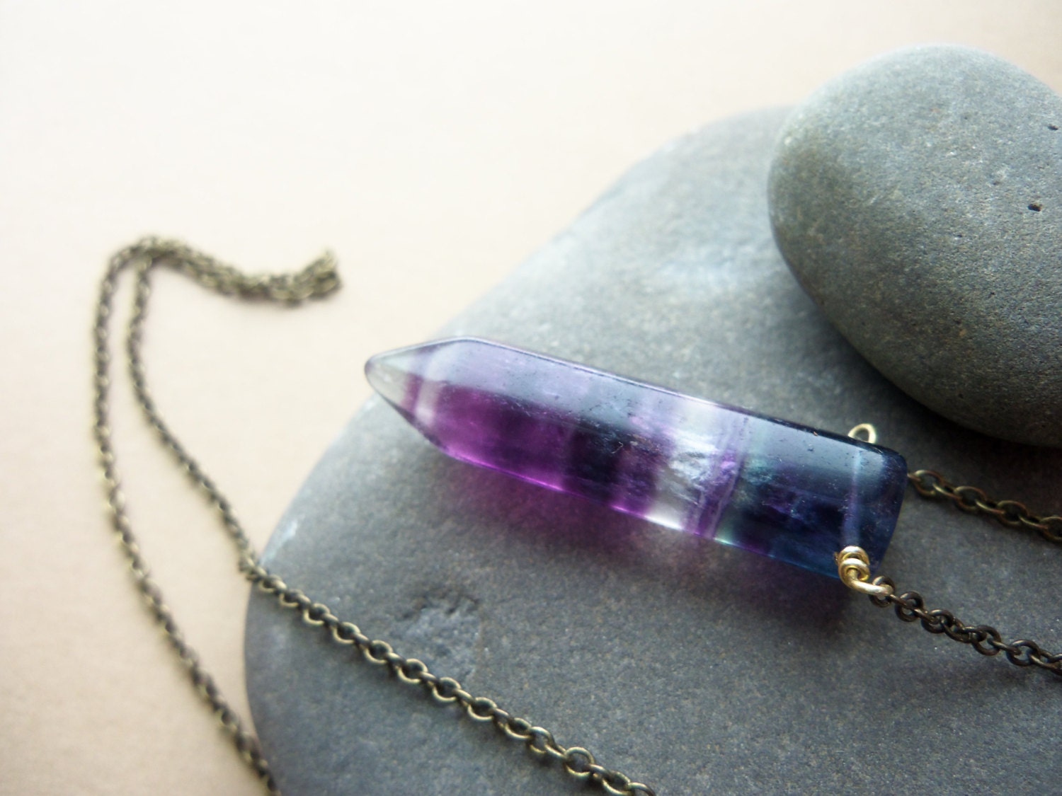 Long Flourite Crystal Point, Brass Necklace, Simple faceted rainbow Flourite  pendant, Purple