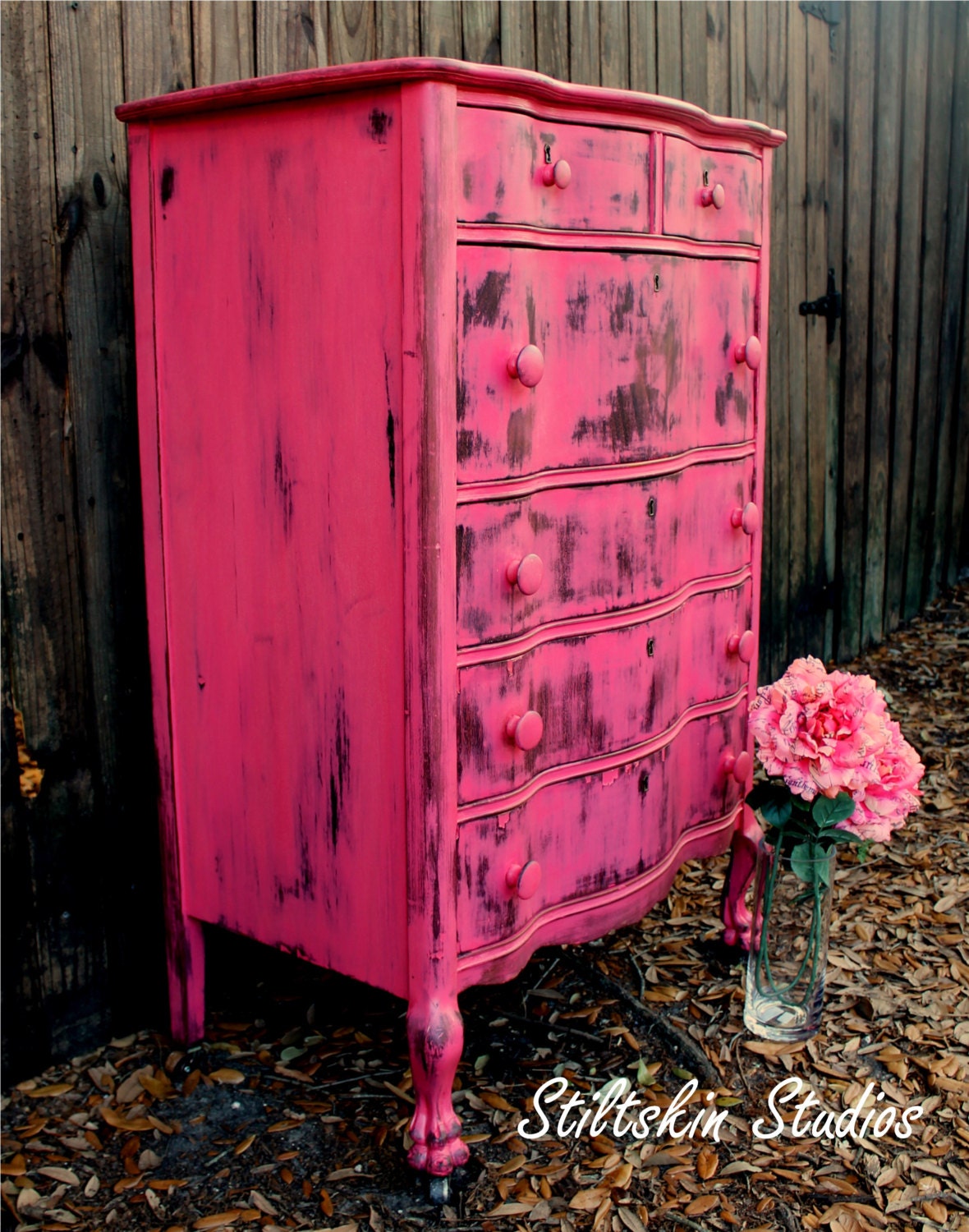 Sweetheart Pink Shabby Distressed Serpentine Tallboy Dresser