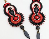 Long Soutache Earrings - Flamenco /creme, red, black/