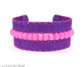Beaded neon bracelet Bohemain Hippie embroidered cuff summer festival brights fuchsia purple neon pink by LuciaFloresDesign