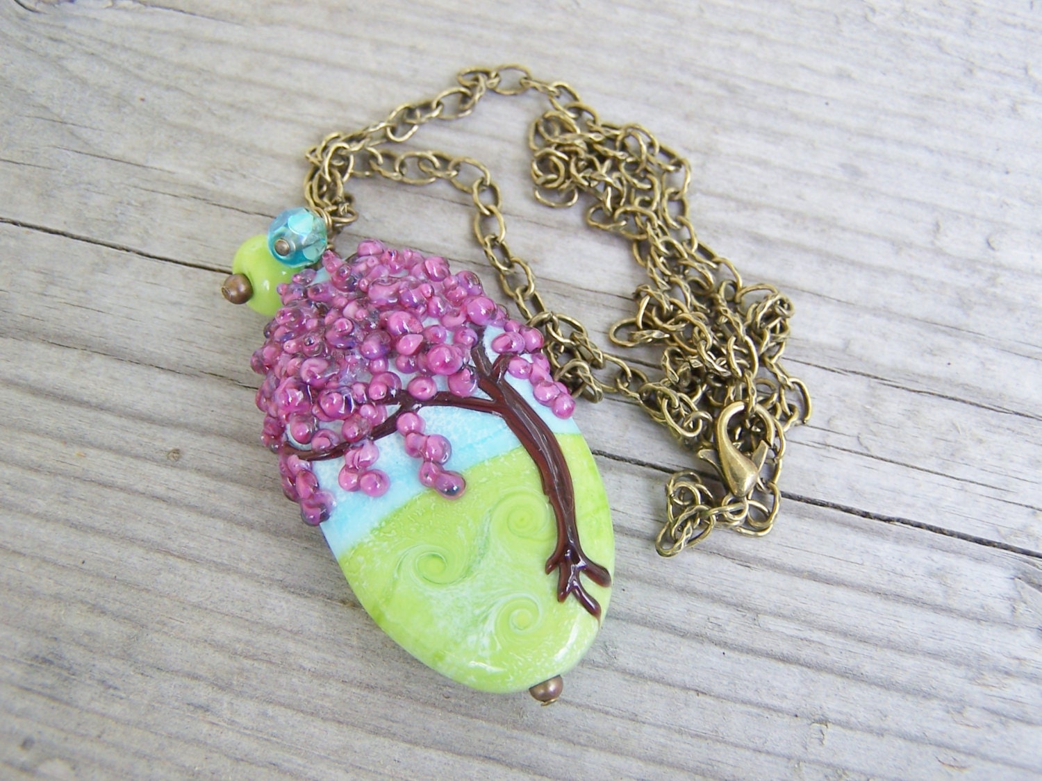 Lampwork Tree Necklace OOAK Green Pink Spring