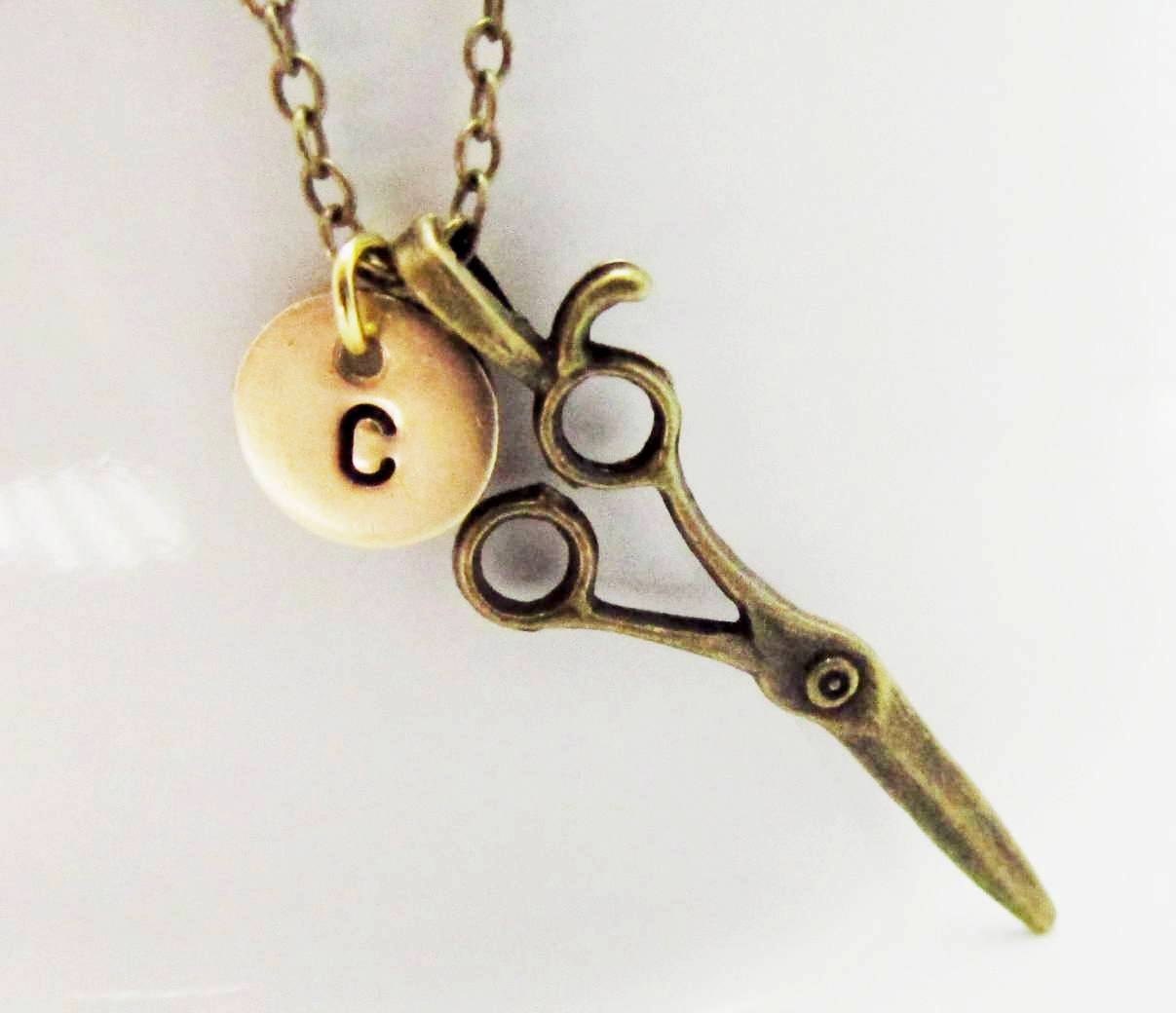 Antique Scissors charm necklace, initial necklace, initial hand stamped necklace, personalized necklace.- FREE SHIPPING.