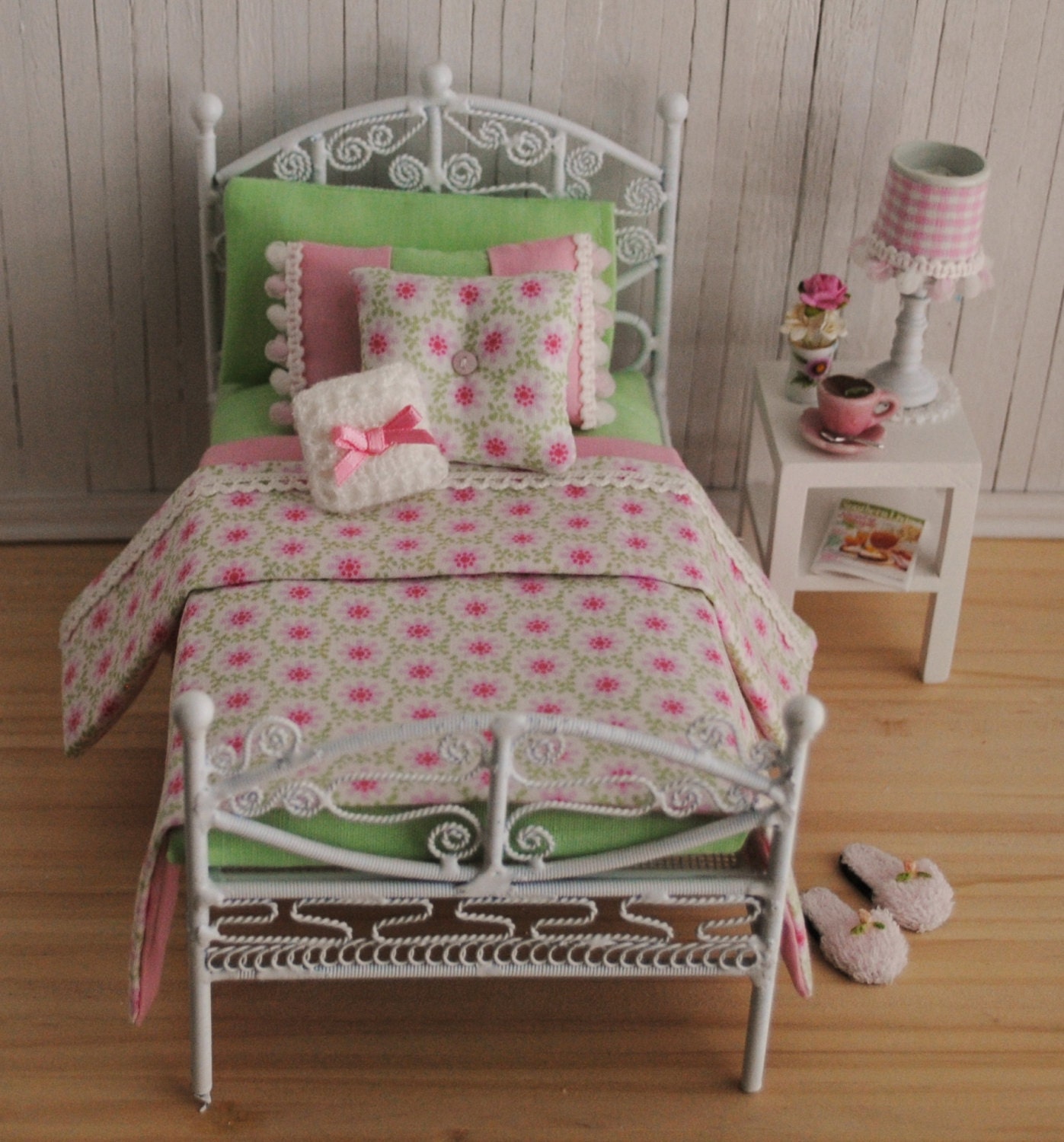 Miniature Pink And Green Bedroom Set Complete With White Wire Bed, Bedding Set, Throw Pillows, Night Stand, Lamp, And More