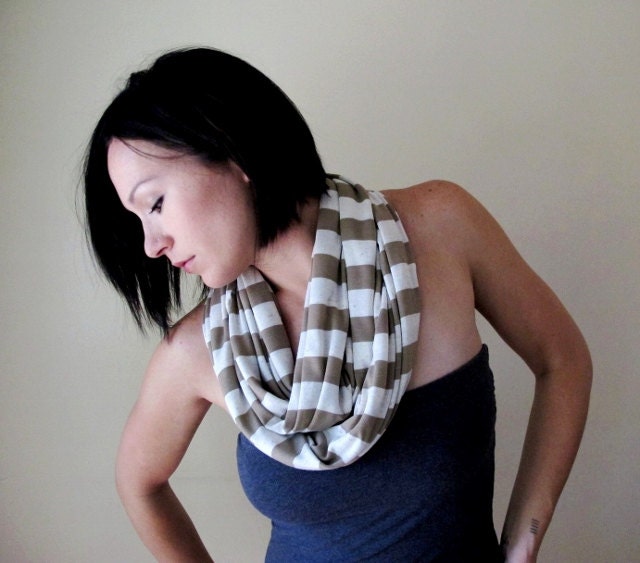 Striped Infinity Scarf - Tan, Ivory, Oatmeal Stripes Loop Scarf - Neutral, Earthy Circle Scarf