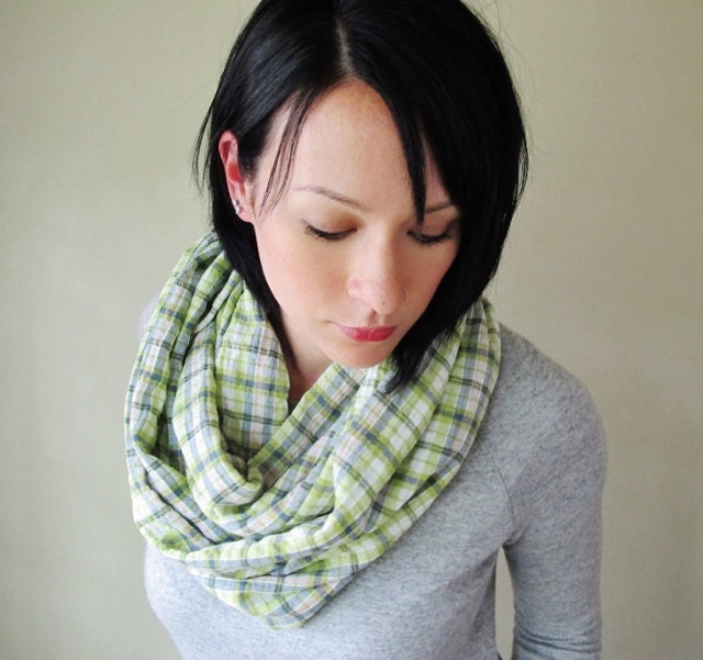 Lime Green Plaid Infinity Scarf - Chartreuse Cotton Loop Scarf - Checkered Yellow Green Plaid Circle Scarf