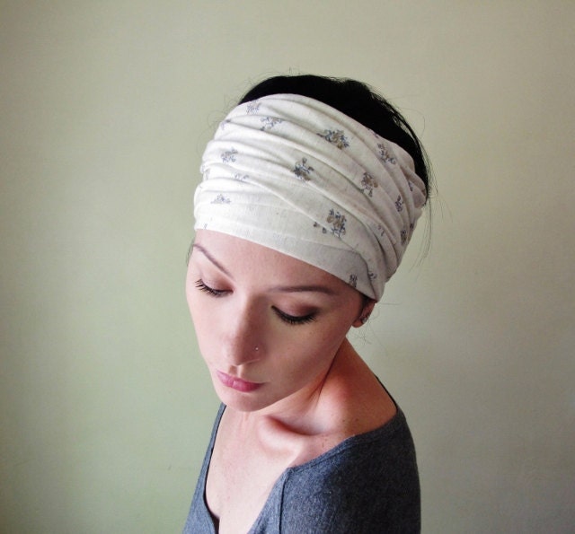 Facebook Sale Item - Vintage Inspired Head Scarf - Floral Headband, Hair Wrap, Hair Accessory - Delicate Flowers on Oatmeal Jersey