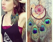 Handmade Large Peacock Dream Catcher Feather Earring, Feather Symbolism, Leather Earring, Tribal, Bohemian, Hippie, Earring, Single Earring