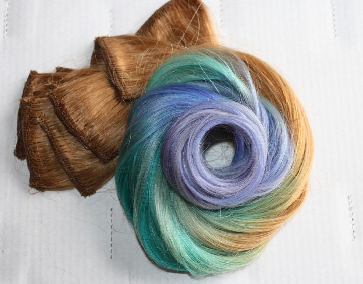 Pastel Clip In Hair Extensions, Ombre Hair,  Mint, Purple, Tie Dye Tips,  Hair Wefts, Human Hair Extensions, Hippie hair