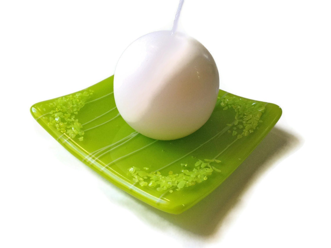 Fused Glass Votive Candle Holder  Sushi Style Lime Green with White stringers 294
